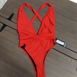 Nasty Gal Red Plunge Neck Cross Back One-Piece Swimsuit Sz 0 NWT